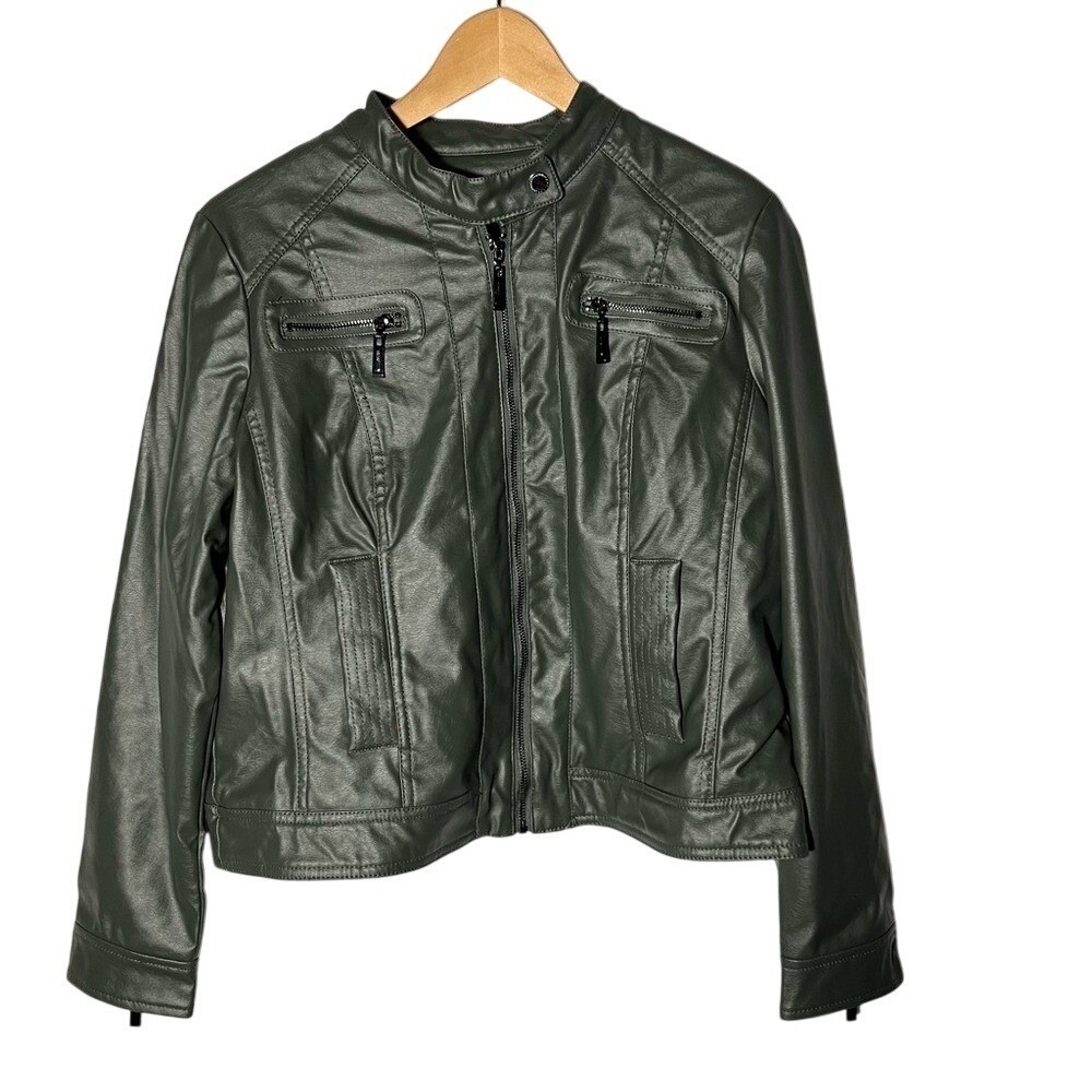 JOUJOU Women's Green Faux Fur Leather Lines Moto Jacket‎ Size XL